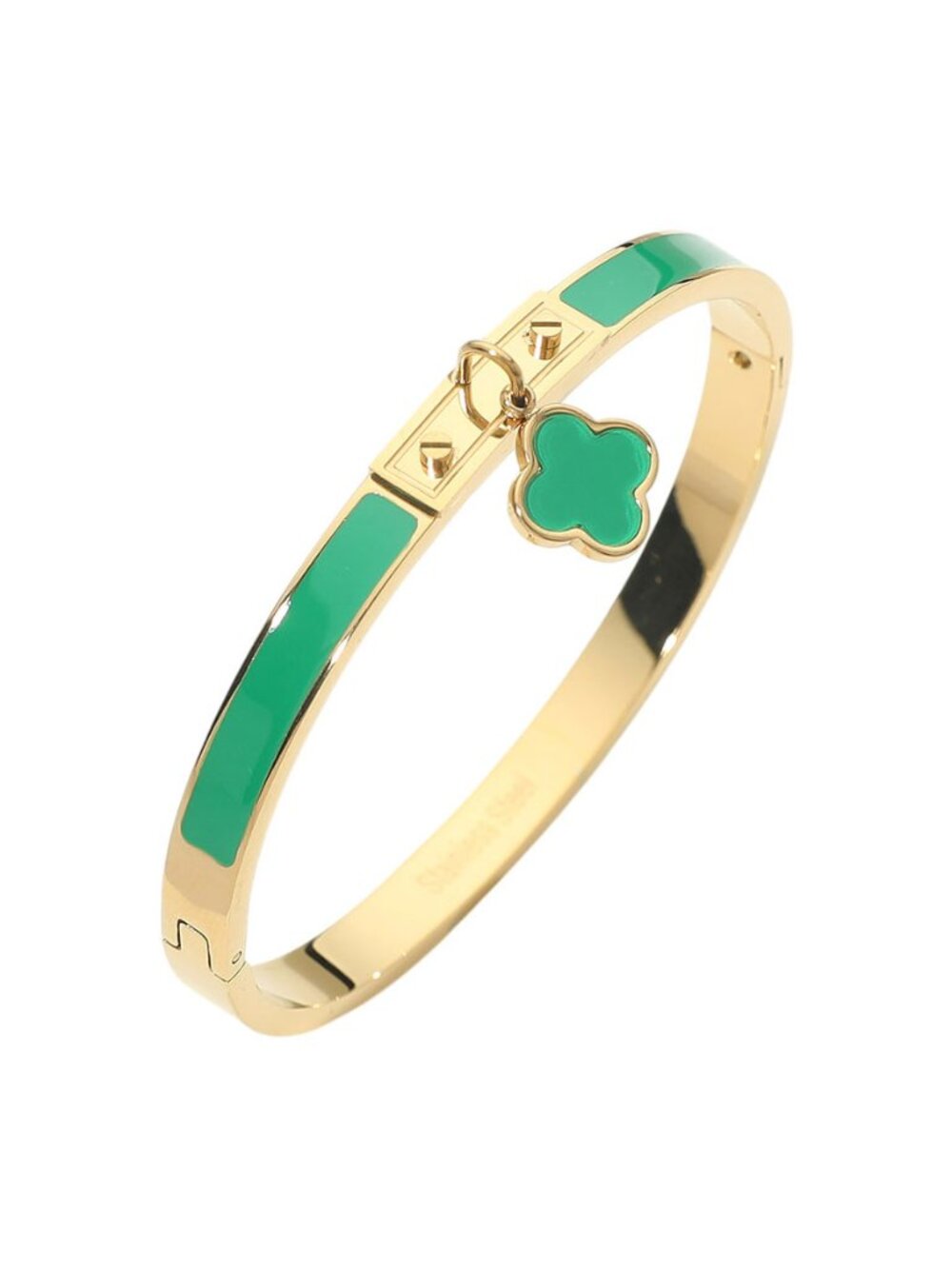 Tigerstars Green Clover Charm Enamel Inlay Hinged Bangle Bracelet